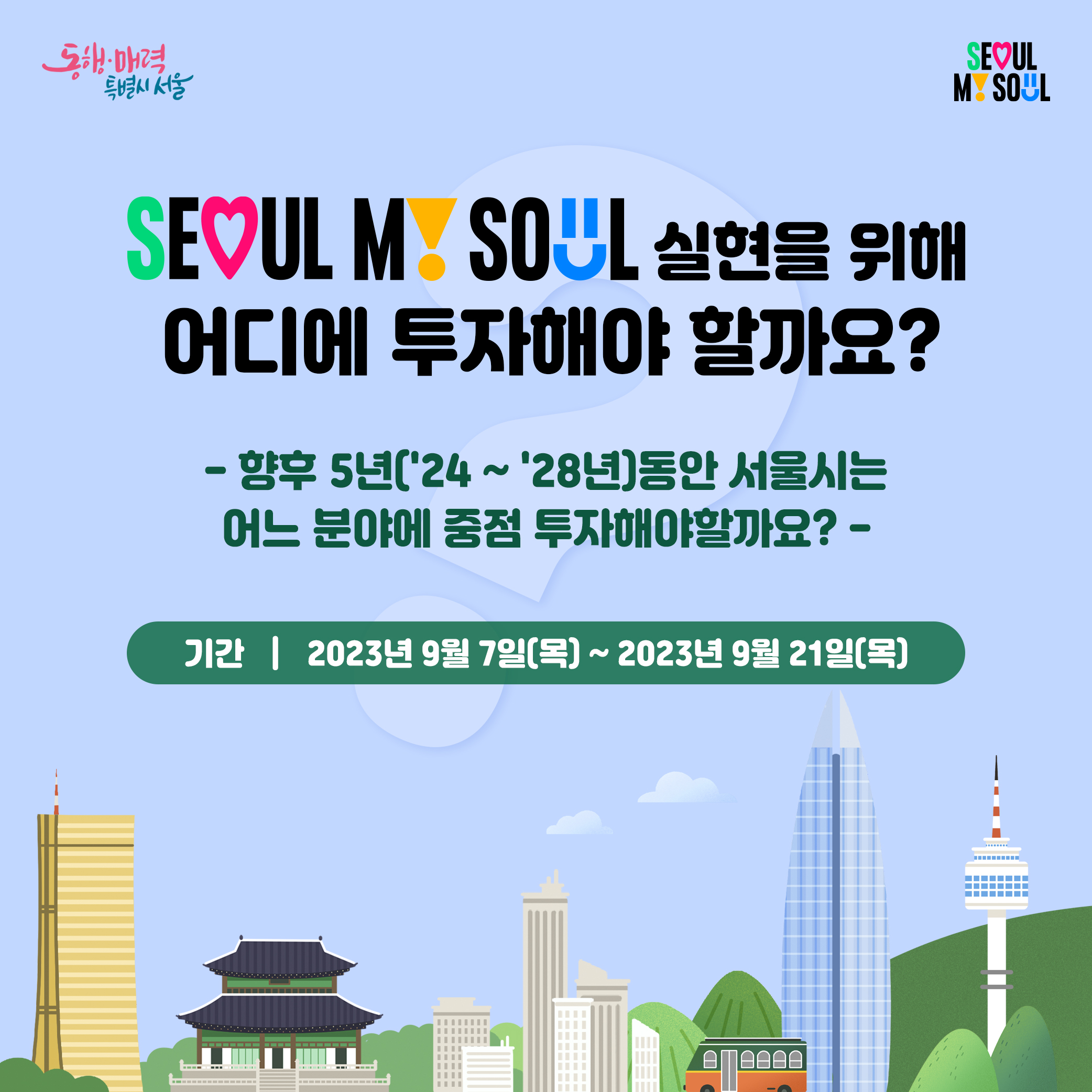 SEOUL MY SOUL 실현을 위해 어디에 투자해야 할까요? - 향후 5년(24~28년)동안 서울시는 어느 분야에 중점 투자해야 할까요?- 기간:2023년9월7일(목)~2023년9월21일(목)