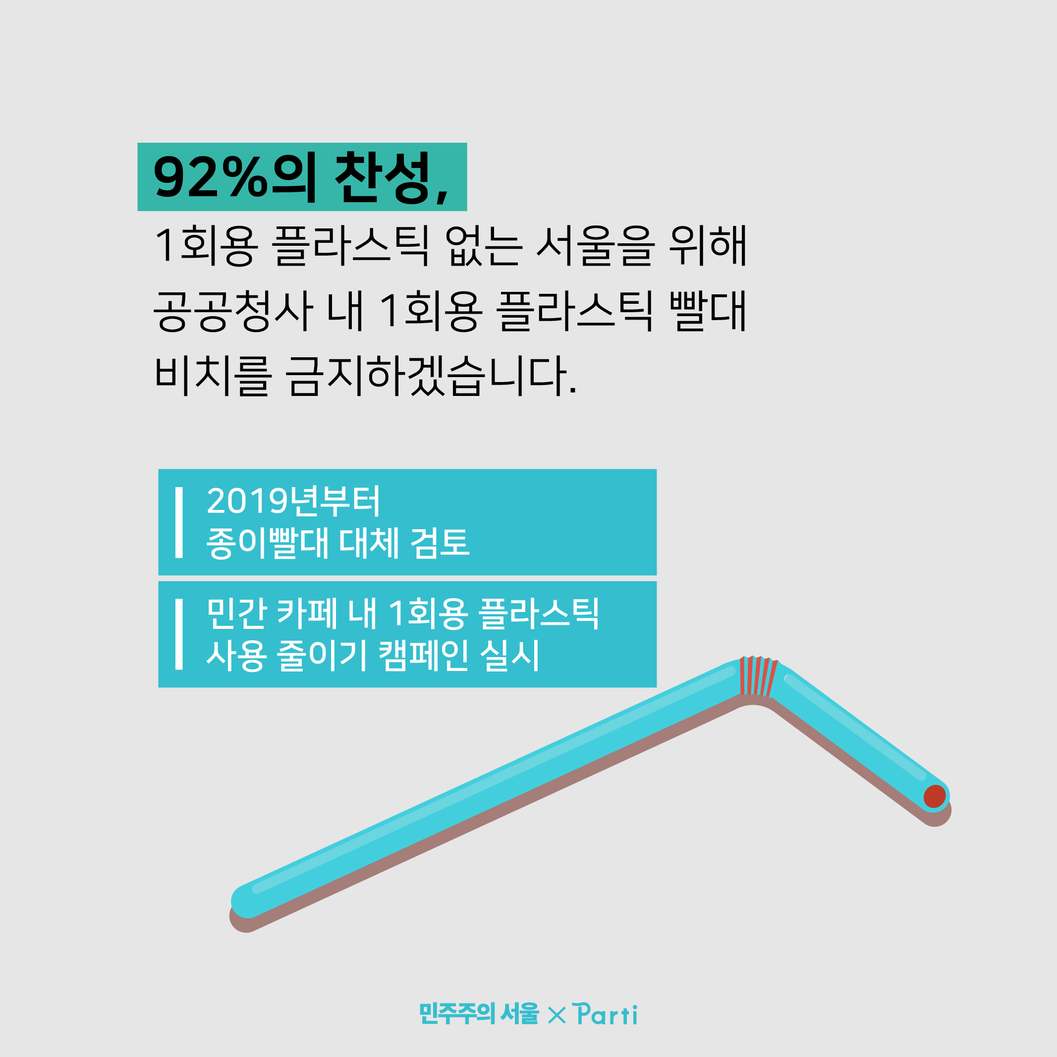 92%의 찬성, 1회용 플라스틱 없는 서울을 위해 공공청사 내 1회용 플라스틱 빨대 비치를 금지하겠습니다. 2018년부터 종이 빨대 대체를 검토중이며, 민간 카페 내 1회용 플라스틱 사용 줄이기 캠페인도 실시할 예정입니다.