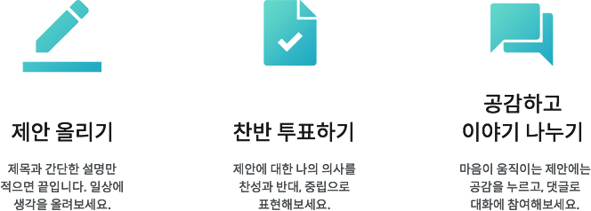 제안올리기(제목과 간다한 설명만 적으면 끝입니다. 일상에 생각을 올려보세요.) / 찬반 투표하기(제안에 대한 나의 의사를 찬성과 반대, 중립으로 표현해보세요.) / 공감하고 이야기 나누기(마음이 움직이는 제안에는 공감을 누르고, 댓글로 대화에 참여해보세요.)