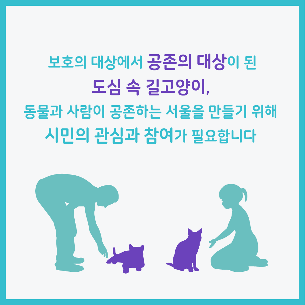 보호의 대상에서 공존의 대상이 된 도심 속 길고양이, 동물과 사람이 공존하는 서울을 만들기 
위해 시민의 관심과 참여가 필요합니다.