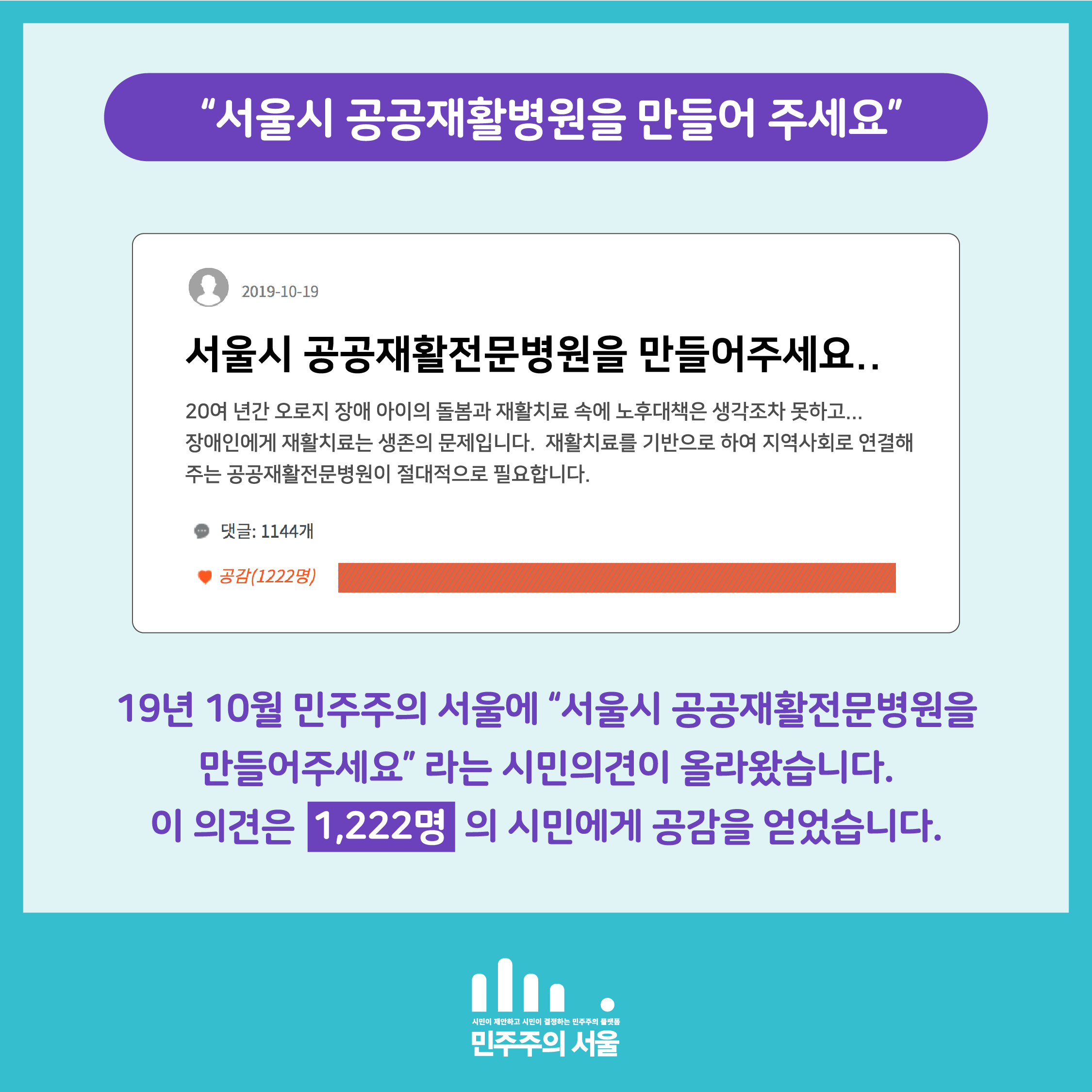 서울시 공공재활병원을 만들어 주세요 19년 10월 민주주의 서울에 서울시 공공재활전문병원을 만들어주세요 라는 시민의견이 올라왔습니다. 이 의견은 1,222명의 시민에게 공감을 얻었습니다.