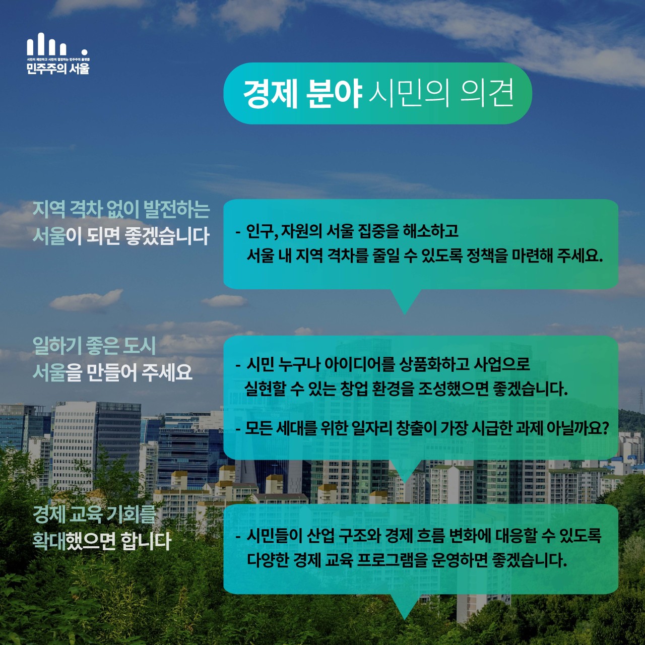 민주주의 서울 경제 분야 시민의 의견 지역 격차 없이 발전하는 서울이 되면 좋겠습니다. - 인구,자원의 서울 집중을 해소하고 서울 내 지역 격차를 줄일 수 있도록 정책을 마련해 주세요. - 일하기 좋은 도시 서울을 만들어 주세요 - 시민 누구나 아이디어를 상품화하고 사업으로 실현할 수 있는 창업 환경을 조성했으면 좋겠습니다. - 모든 세대를 위한 일자리 창출이 가장 시급한 과제 아닐까요? 경제 교육 기회를 확대했으면 합니다. - 시민들이 산업 구조와 경제 흐름 변화에 대응할 수 있도록 다양한 경제 교육 프로그램을 운영하면 좋겠습니다.